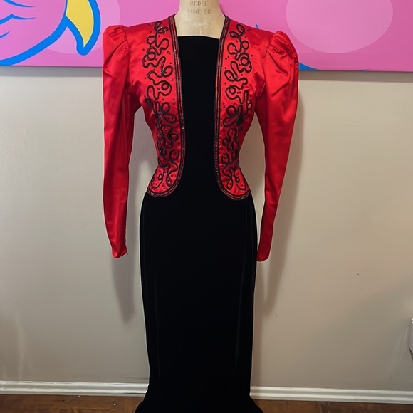 Givenchy Red Silk Black Sequin Velvet Matador Gown 1980s - Picture 2 of 16